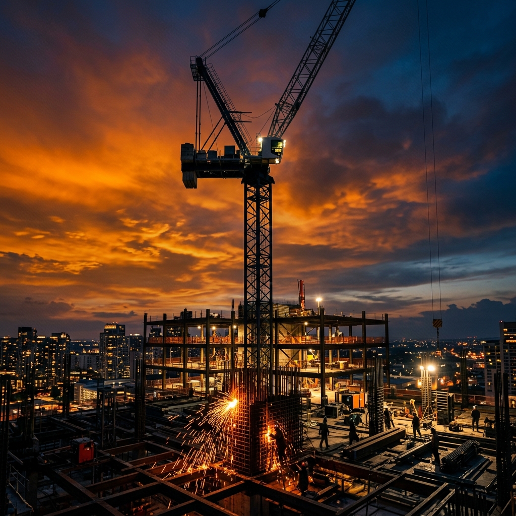Tower crane silhouetted against vibrant sunset clouds