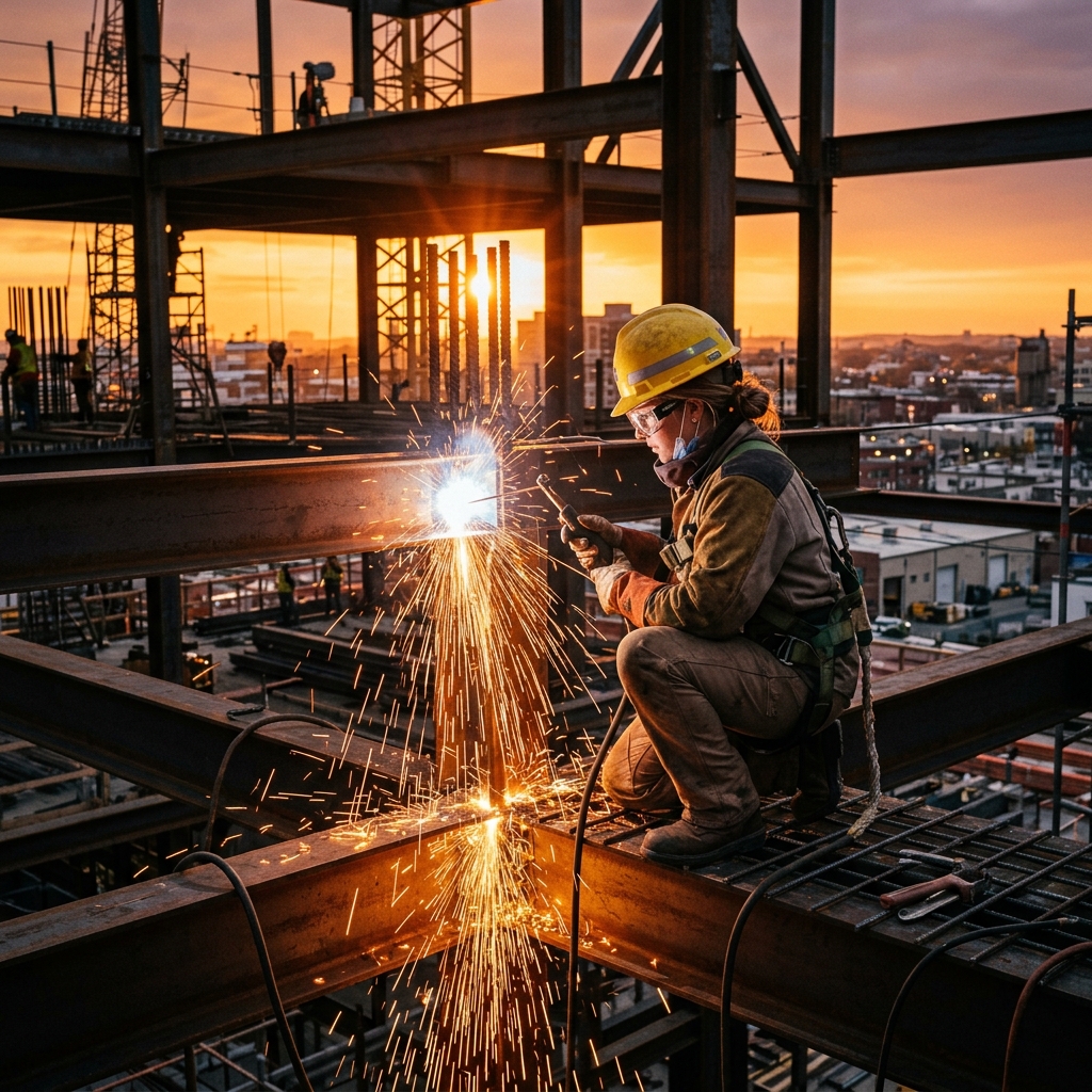 Construction worker welding steel joints