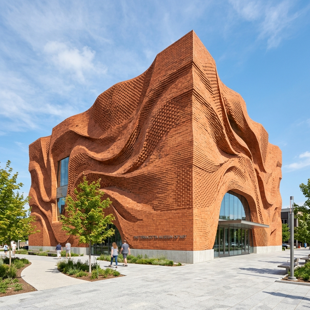 Modern museum with curved terracotta brick facade