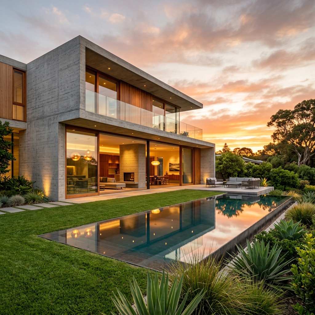 Luxury modern residential concrete villa at sunset