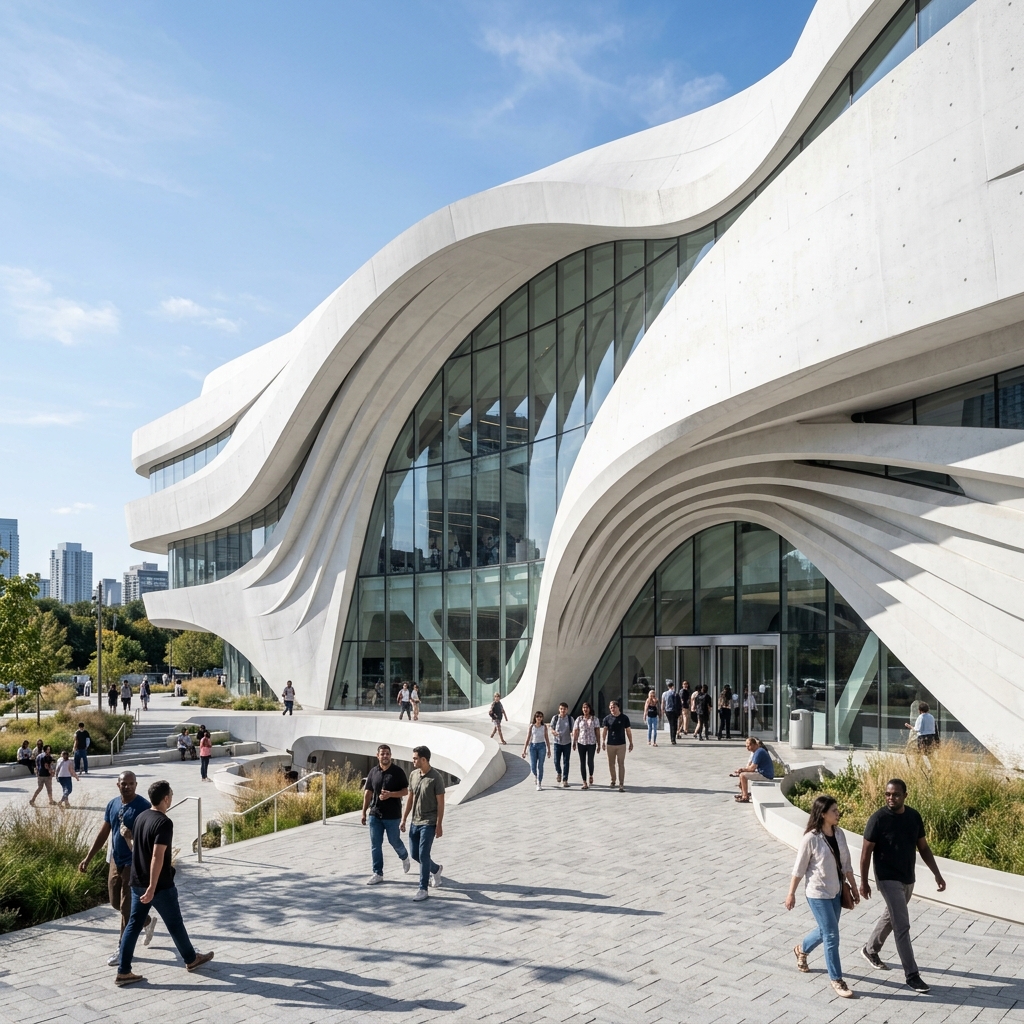 Futuristic white concrete building with sweeping organic curves