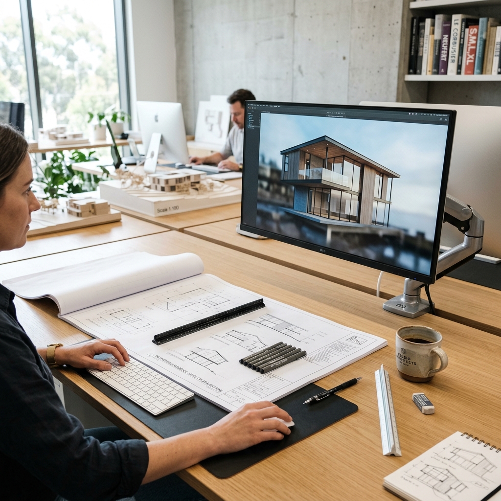 Architect desk with blueprints and 3D architectural rendering