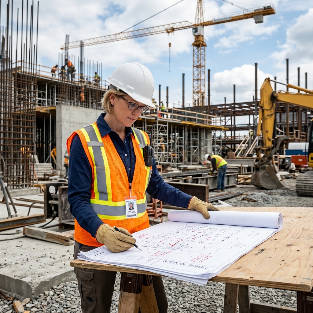 Construction supervisor examining site layout drawings
