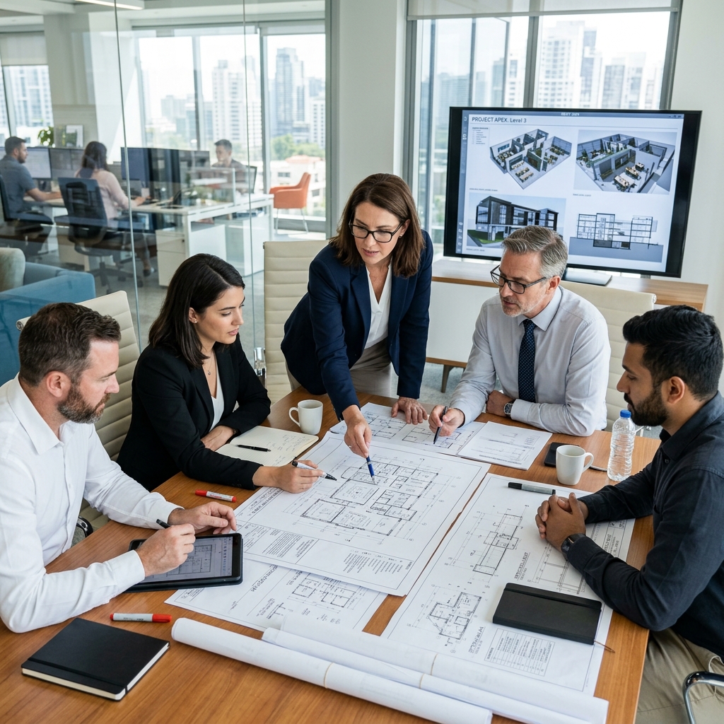 Engineering review meeting studying blueprints in conference room