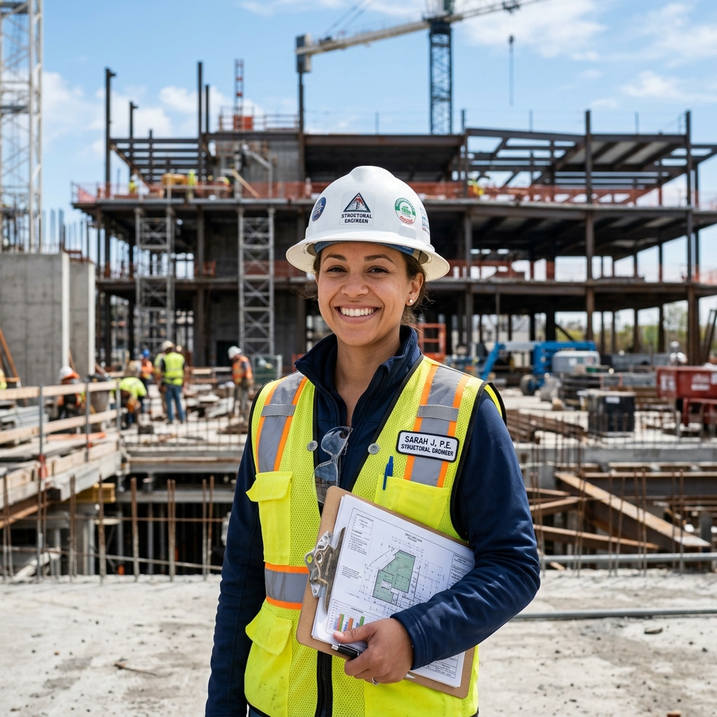 Lead Engineer Jane Smith smiling in yellow safety vest on job site